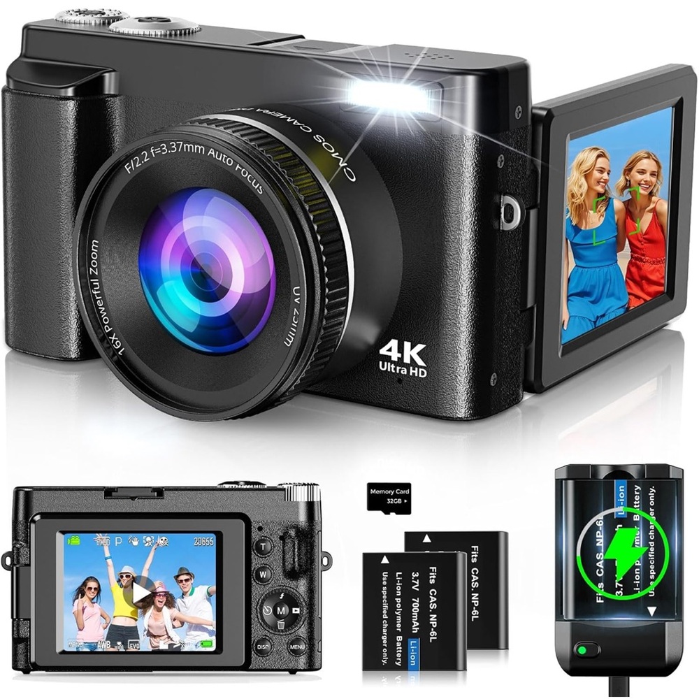 4K Ultra HD Digital Camera with Flip Screen - Black